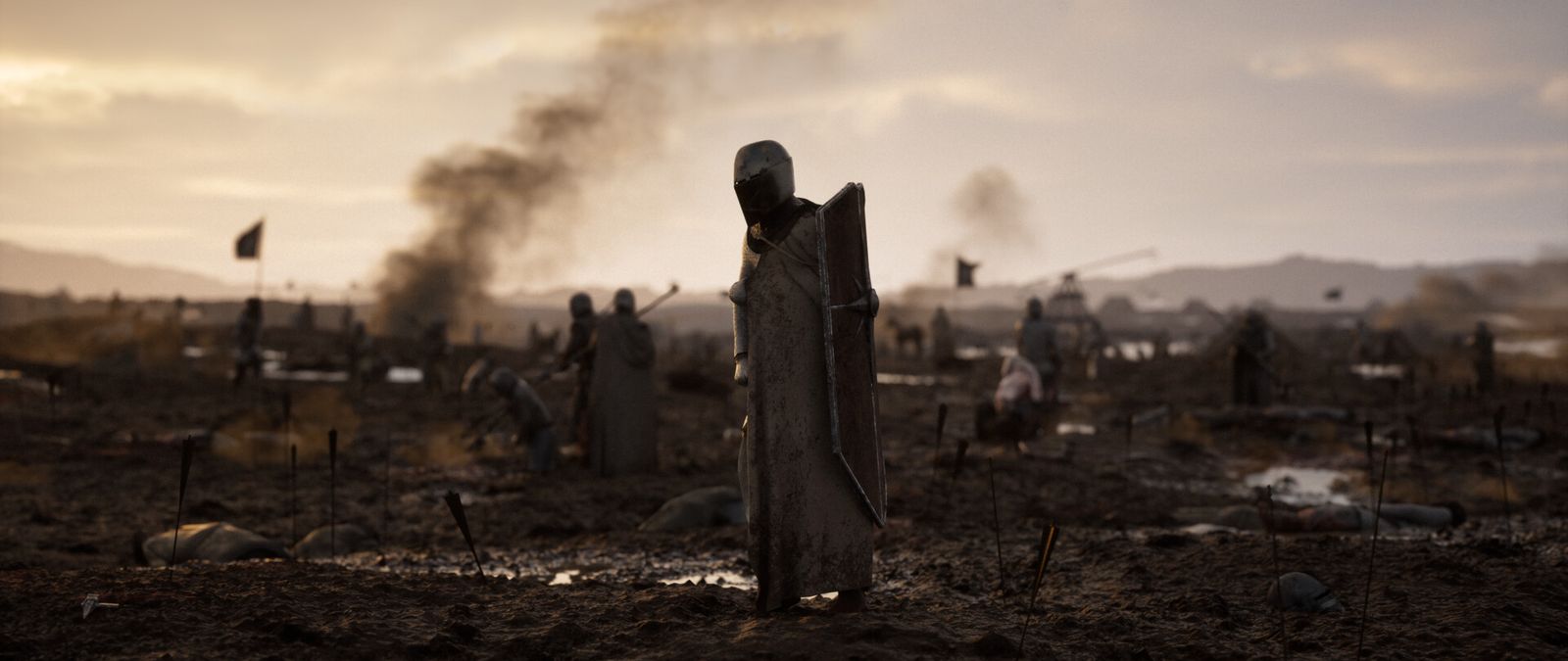 Knight standing on a smoking battlefield