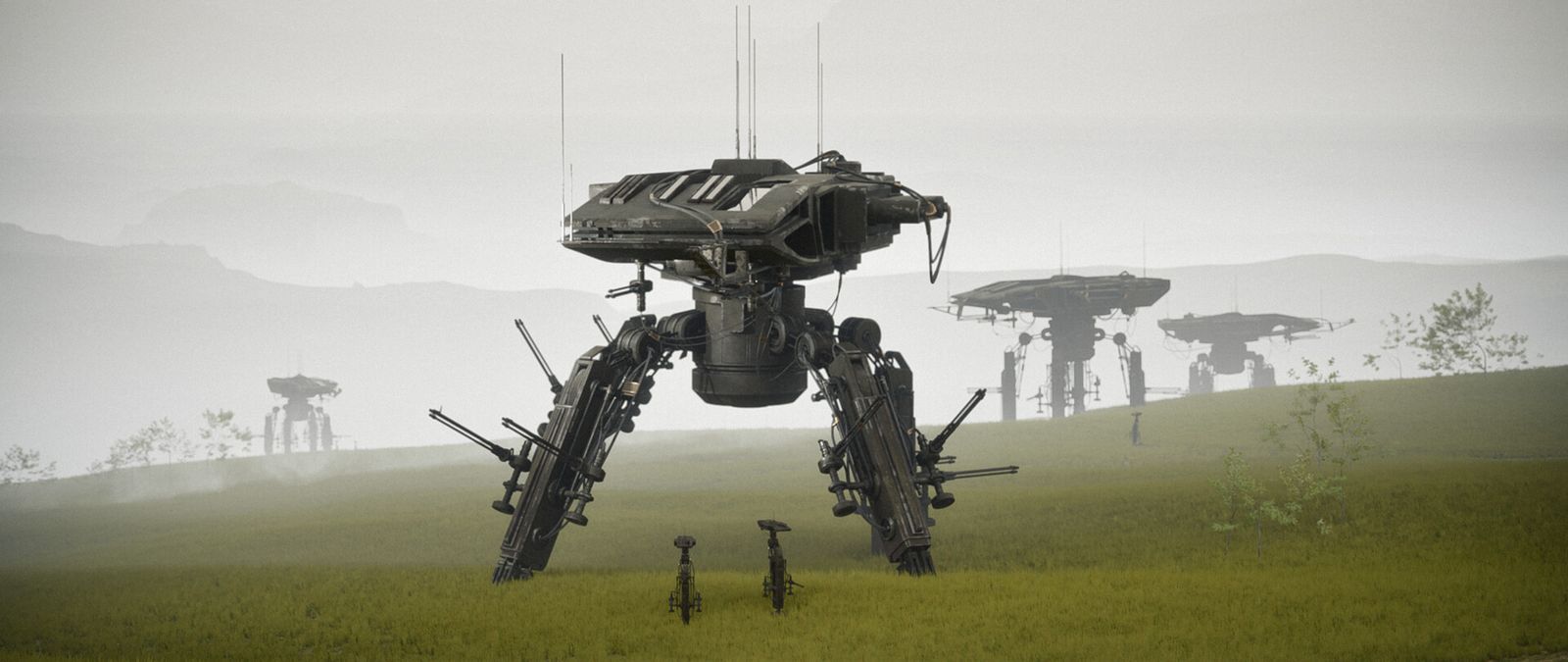 Walker mechs patrolling a misty grassland