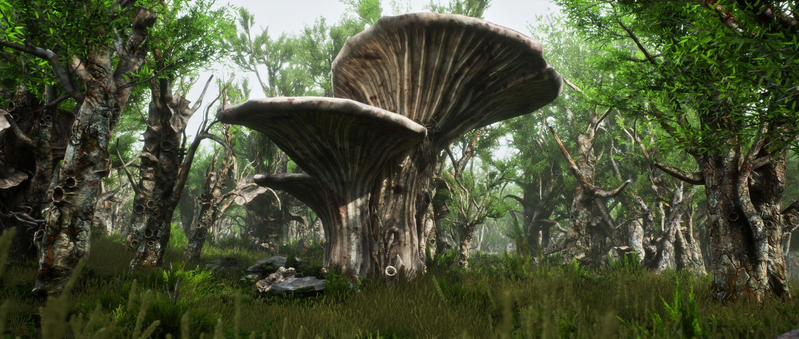 Giant alien mushrooms in a pale sci-fi forest